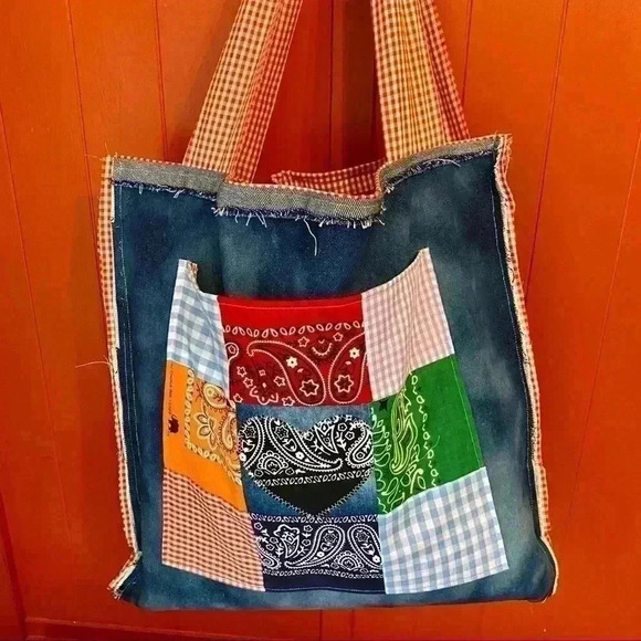 Handmade Boho Bandana Patchwork Denim tote bag - Picture 5 of 14